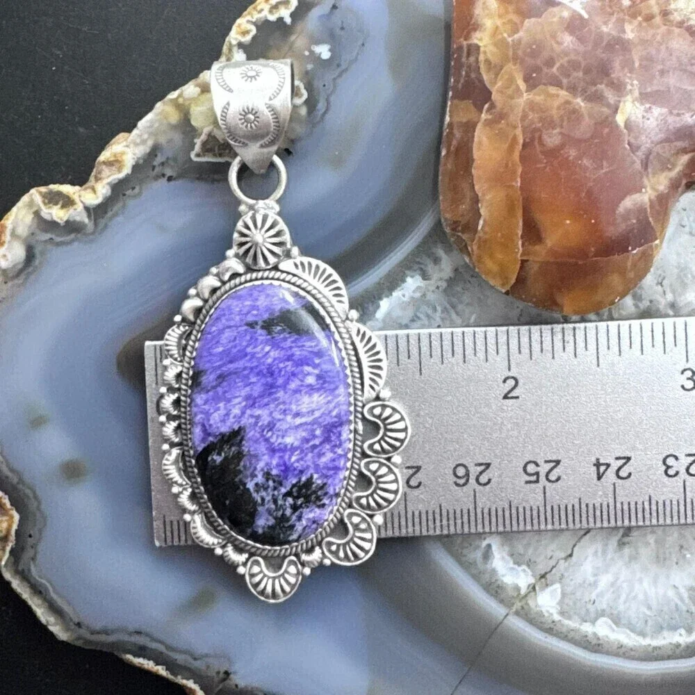 Sterling Southwestern Style Large Oval Charoite Decorated Pendant For Women